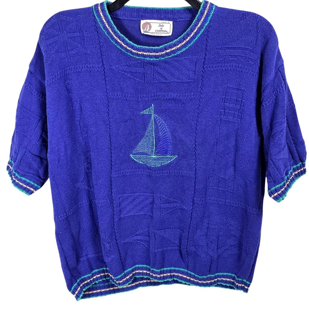 Isle of Cotton Vintage Blue Nautical Sailboat Knit Short Sleeve Sweater Large
